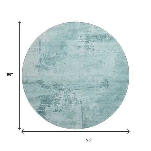 8' Aqua And Sky Blue Abstract Washable Round Rug With UV Protection