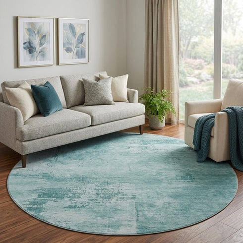 8' Teal And Aqua Abstract Washable Round Rug With UV Protection