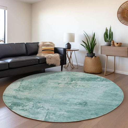 8' Teal And Aqua Abstract Washable Round Rug With UV Protection