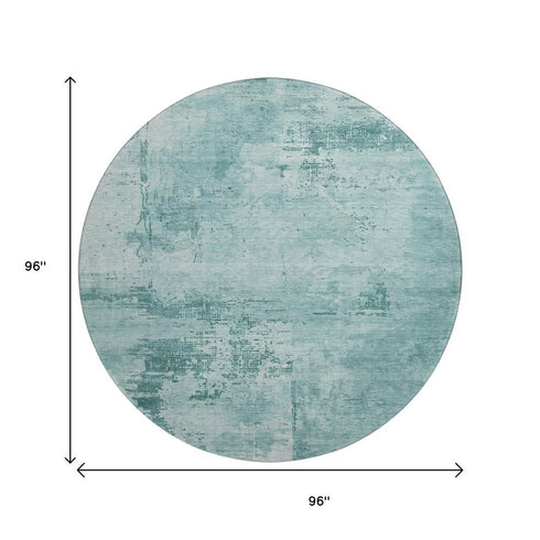 8' Teal And Aqua Abstract Washable Round Rug With UV Protection