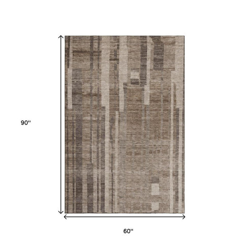 5' X 8' Brown And Taupe Striped Washable Area Rug With UV Protection