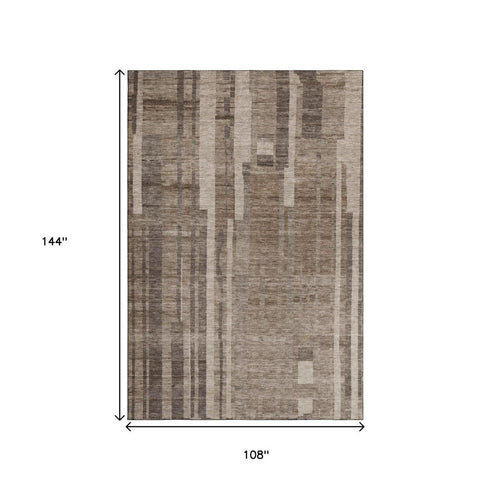 9' X 12' Brown And Taupe Striped Washable Area Rug With UV Protection