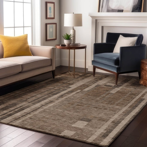 9' X 12' Brown And Taupe Striped Washable Area Rug With UV Protection