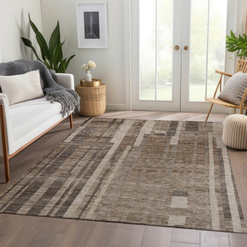 9' X 12' Brown And Taupe Striped Washable Area Rug With UV Protection