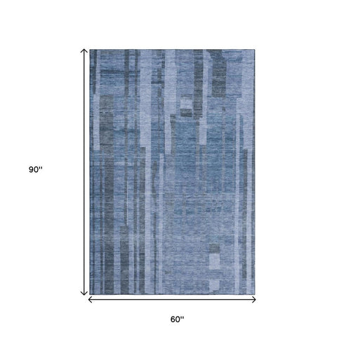 5' X 8' Navy Blue And Denim Blue Striped Washable Area Rug With UV Protection