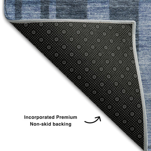 9' X 12' Navy Blue And Denim Blue Striped Washable Area Rug With UV Protection