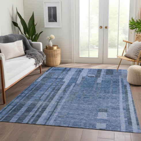 9' X 12' Navy Blue And Denim Blue Striped Washable Area Rug With UV Protection