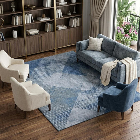 8' X 10' Blue Gray And Silver Diamond Washable Area Rug With UV Protection