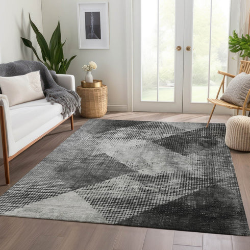 9' X 12' Gray And Silver Diamond Washable Area Rug With UV Protection