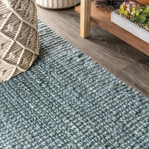 8' Light Blue Jute Handmade Square Rug With Fringe