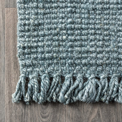 8' Light Blue Jute Handmade Square Rug With Fringe