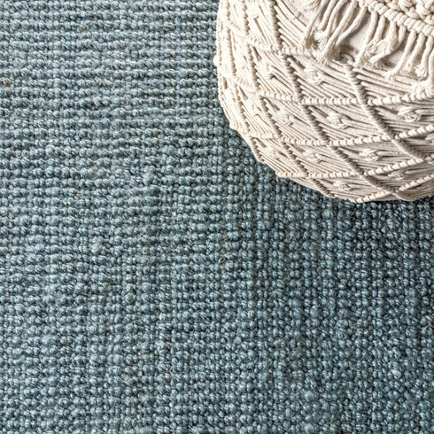 9' Light Blue Jute Handmade Square Rug With Fringe
