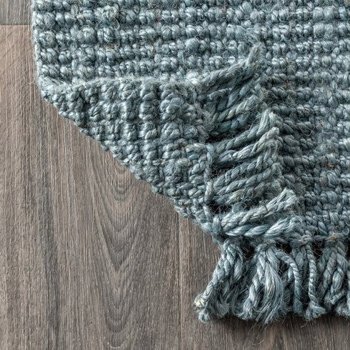 9' Light Blue Jute Handmade Square Rug With Fringe
