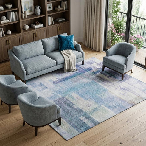 8' X 10' Blue And Ivory Abstract Geometric Washable Area Rug With UV Protection