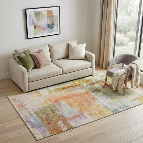 5' X 8' Coral Ivory And Gold Abstract Geometric Washable Area Rug With UV Protection
