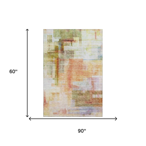 5' X 8' Coral Ivory And Gold Abstract Geometric Washable Area Rug With UV Protection