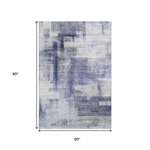 5' X 8' Denim Blue And Ivory Abstract Geometric Washable Area Rug With UV Protection