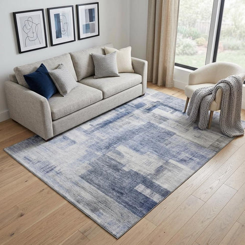 5' X 8' Denim Blue And Ivory Abstract Geometric Washable Area Rug With UV Protection