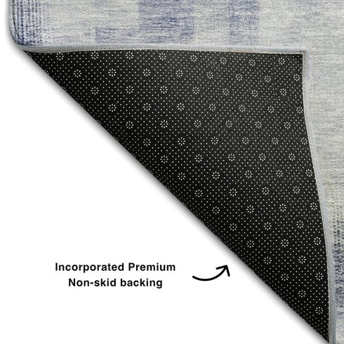 5' X 8' Denim Blue And Ivory Abstract Geometric Washable Area Rug With UV Protection