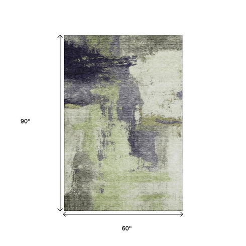 5' X 8' Fern Green Gray And Ivory Abstract Washable Area Rug With UV Protection