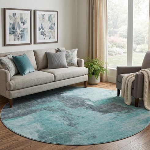 8' Teal Ivory And Charcoal Abstract Washable Round Rug With UV Protection
