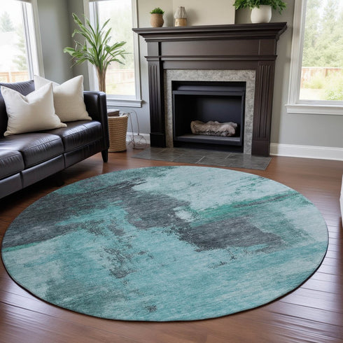 8' Teal Ivory And Charcoal Abstract Washable Round Rug With UV Protection