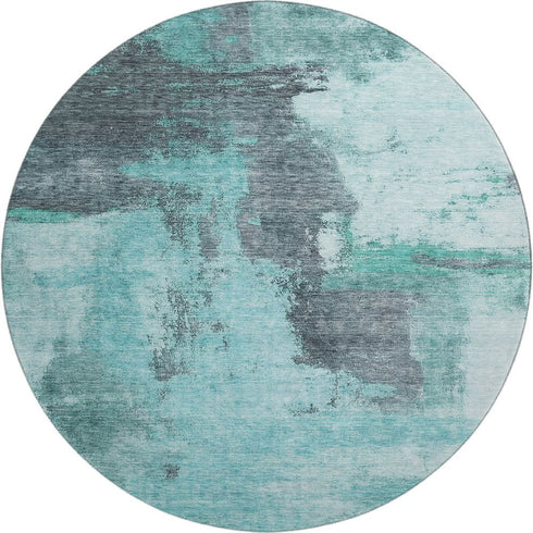 8' Teal Ivory And Charcoal Abstract Washable Round Rug With UV Protection