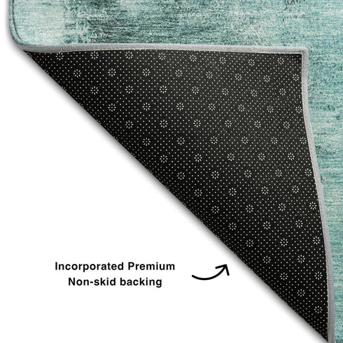 8' Teal Ivory And Charcoal Abstract Washable Round Rug With UV Protection