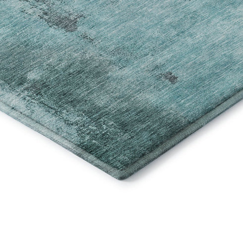 8' Teal Ivory And Charcoal Abstract Washable Round Rug With UV Protection