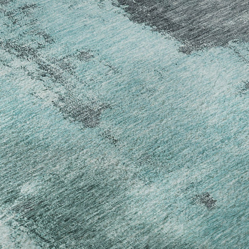 8' Teal Ivory And Charcoal Abstract Washable Round Rug With UV Protection