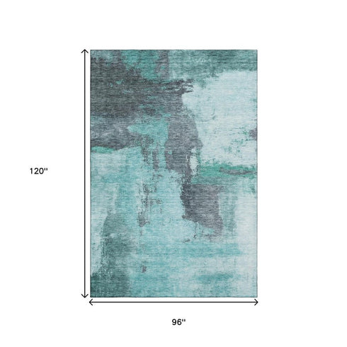 8' X 10' Teal Ivory And Charcoal Abstract Washable Area Rug With UV Protection