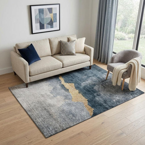 5' X 8' Blue Gray And Gold Abstract Washable Area Rug With UV Protection