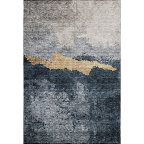 5' X 8' Blue Gray And Gold Abstract Washable Area Rug With UV Protection