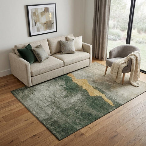 5' X 8' Fern Green And Gold Abstract Washable Area Rug With UV Protection