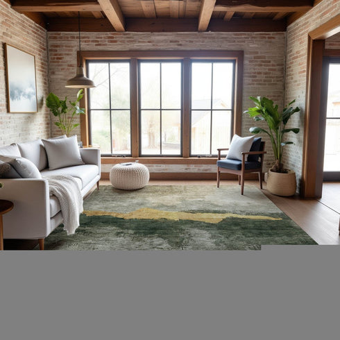 9' X 12' Fern Green And Gold Abstract Washable Area Rug With UV Protection
