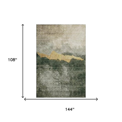 9' X 12' Fern Green And Gold Abstract Washable Area Rug With UV Protection