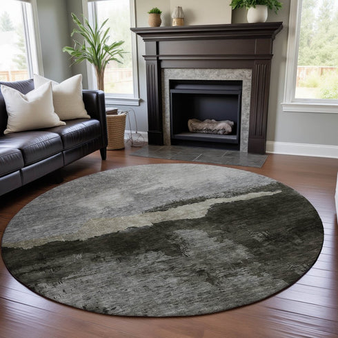 8' Taupe And Beige Abstract Washable Round Rug With UV Protection