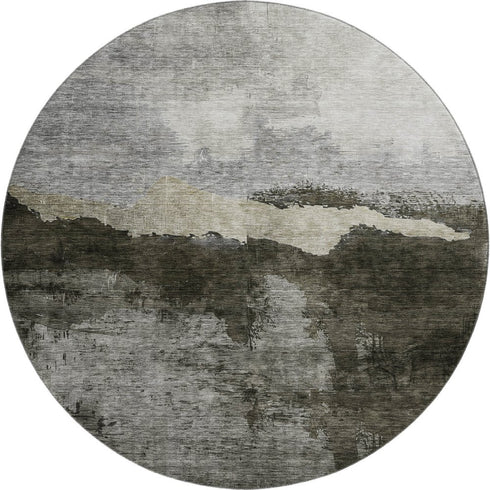 8' Taupe And Beige Abstract Washable Round Rug With UV Protection