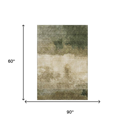 5' X 8' Fern Green And Beige Abstract Washable Area Rug With UV Protection