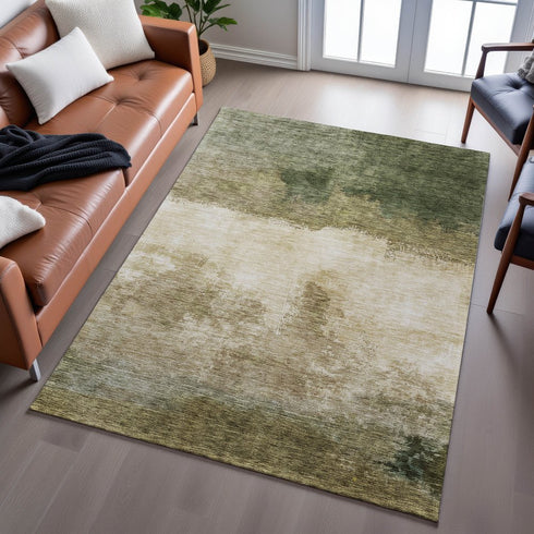 9' X 12' Fern Green And Beige Abstract Washable Area Rug With UV Protection