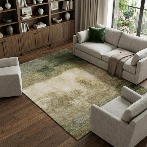 9' X 12' Fern Green And Beige Abstract Washable Area Rug With UV Protection