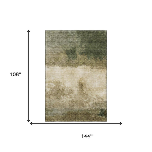 9' X 12' Fern Green And Beige Abstract Washable Area Rug With UV Protection