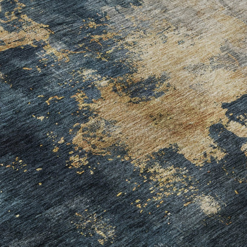 5' X 8' Blue Gold And Silver Abstract Washable Area Rug With UV Protection