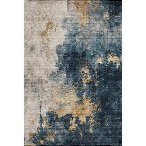 5' X 8' Blue Gold And Silver Abstract Washable Area Rug With UV Protection