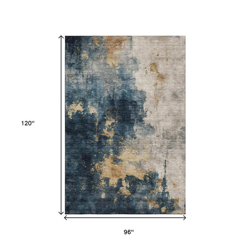 8' X 10' Blue Gold And Silver Abstract Washable Area Rug With UV Protection