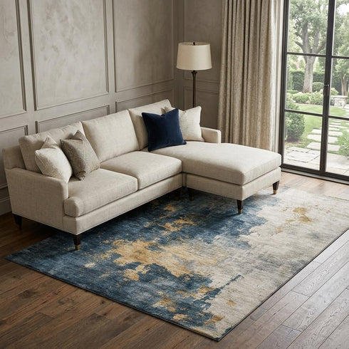 8' X 10' Blue Gold And Silver Abstract Washable Area Rug With UV Protection