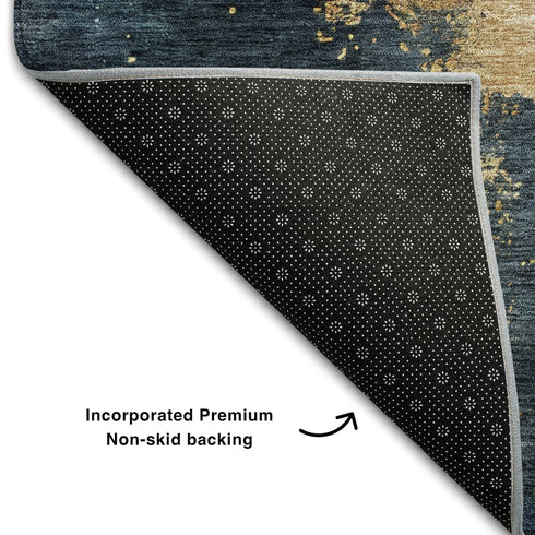 8' X 10' Blue Gold And Silver Abstract Washable Area Rug With UV Protection
