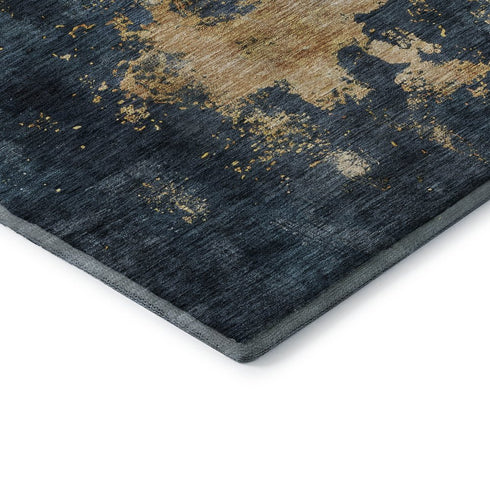 8' X 10' Blue Gold And Silver Abstract Washable Area Rug With UV Protection