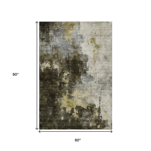 5' X 8' Brown Gold And Silver Abstract Washable Area Rug With UV Protection