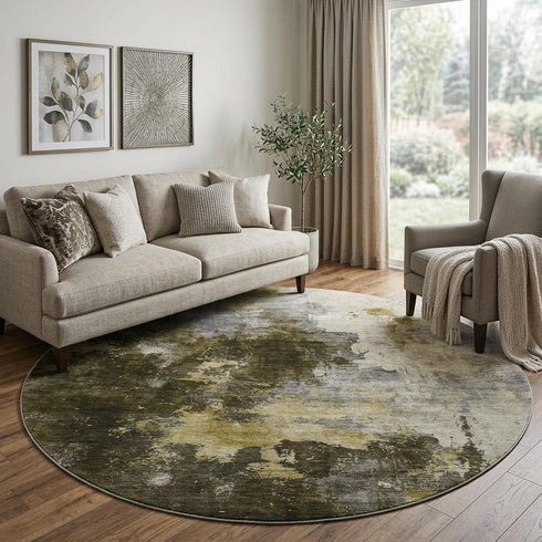 8' Brown Gold And Silver Abstract Washable Round Rug With UV Protection